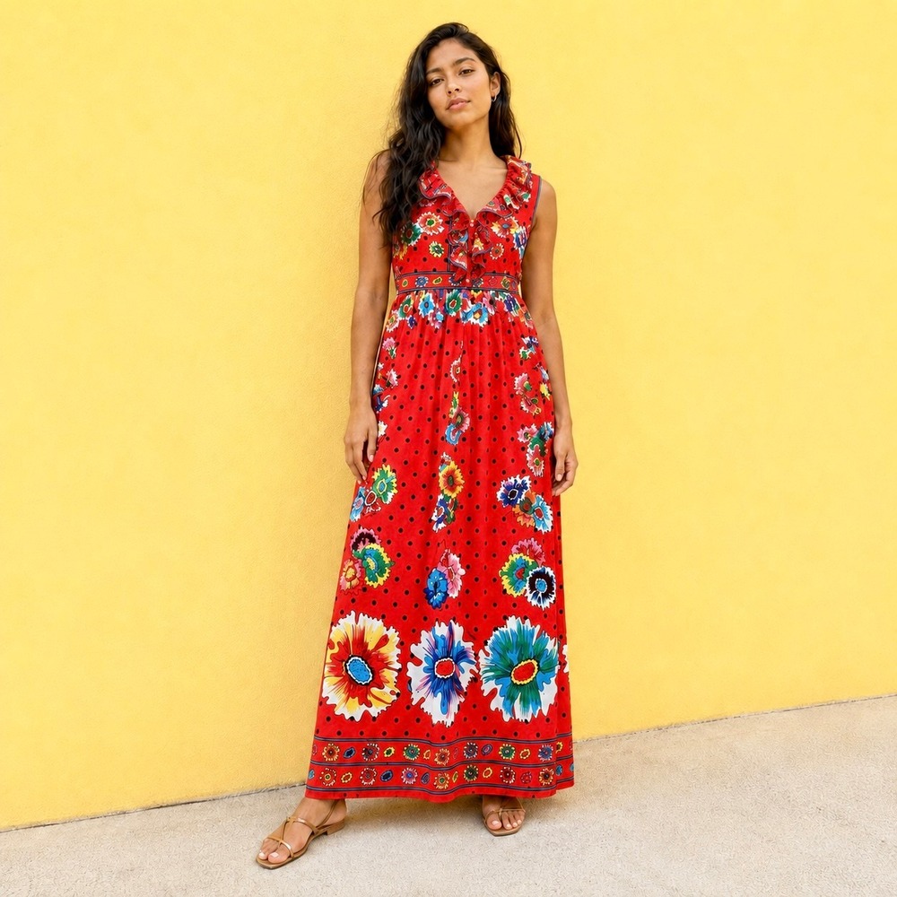 Vintage 1970s Small Red Floral Polka Dot Ruffle Maxi Dress Hostess